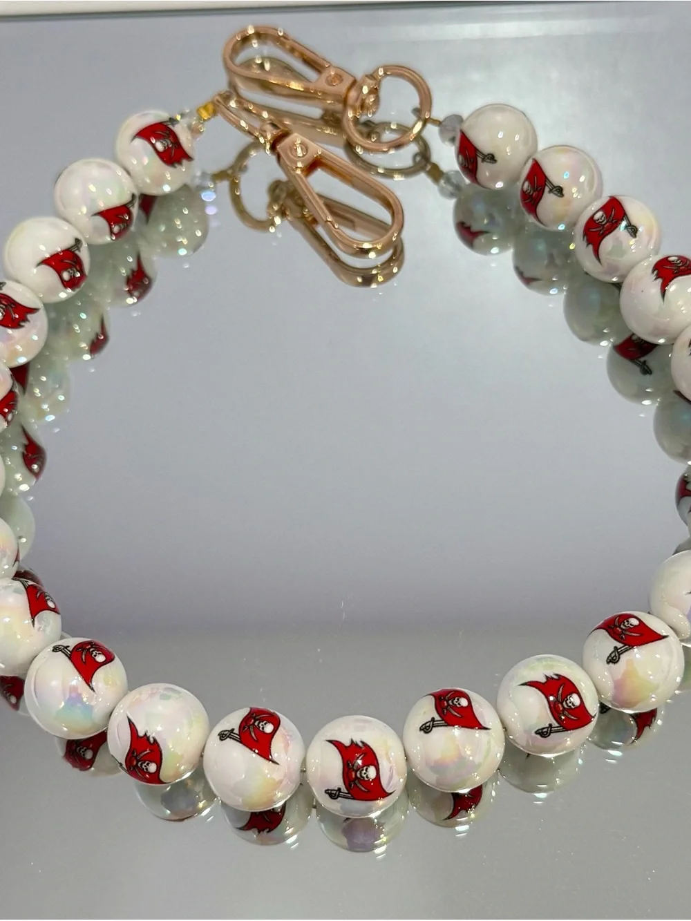 New White Beaded Tampa Bay Bucs Bag Chain 18 inches  and Gold Hardware